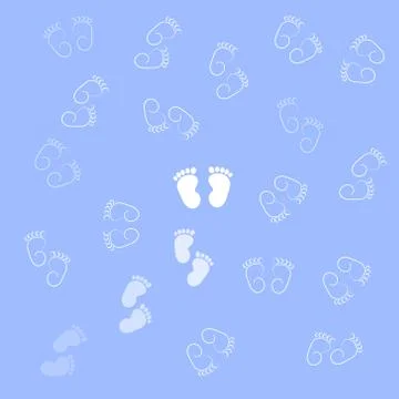 Baby background in vector: white footprints on a blue background for product Stock Illustration