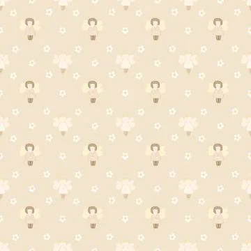 Baby baptism seamless pattern. cute angels boy and girl and delicate flowers Stock Illustration