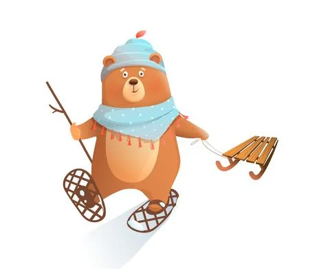 Baby Bear Walking in Snow Pulling Sledge in Winter Stock Illustration