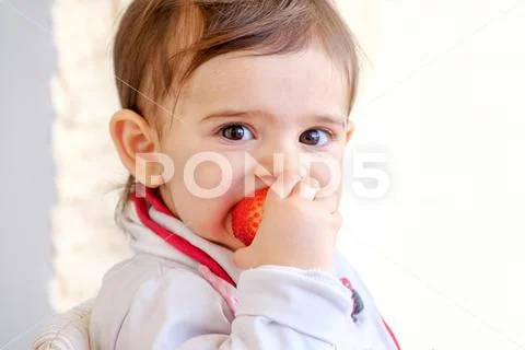 Baby bite strawberry newborn eat fruit Stock Photos