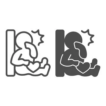 Baby with book line and solid icon, children book day concept, baby sitting near 스톡 일러스트