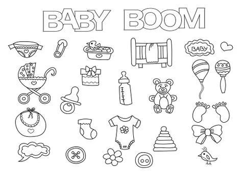 Baby boom elements hand drawn set. Coloring book template.  Outline doodle Ilustración de archivo