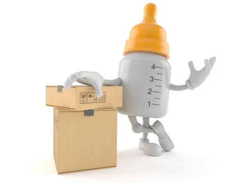 Baby bottle character with stack of boxes 스톡 일러스트