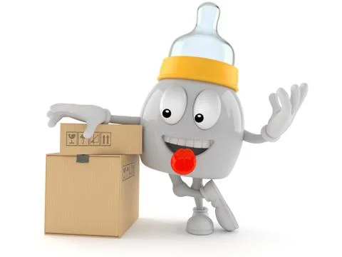 Baby bottle character with stack of boxes Stock Illustration