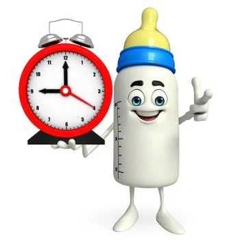 Baby bottle character with table clock Stock Illustration
