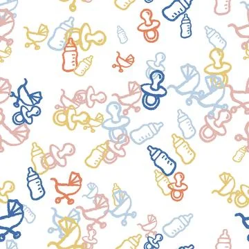 Baby Bottle Pacifier Stroller Dithered Pattern. Vector seamless pattern ill.. Stock Illustration