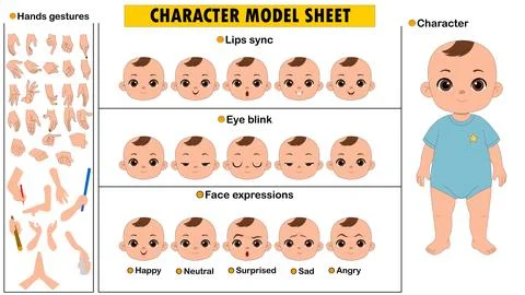Baby Boy Character Constructor Kit. Editable Infant Model Sheet with Emotions  Stock Illustration