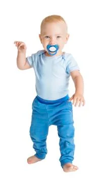 Baby Boy with Dummy full length portrait, Happy Kid Walking on White, Child Stock Photos
