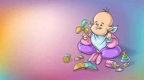 Baby boy infant playing with toys on the floor. Vector illustration. Stock Illustration
