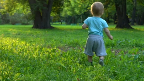 Baby boy learning to walk on grass in park, slow motion 120 fps HD Stock Footage 101614874