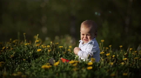 Baby boy playing on grass with bubbles Stock Footage 55113355
