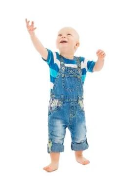 Baby Boy Raising Hand, Happy Toddler Child Looking Up and Raise Arm, Kid Stock Photos
