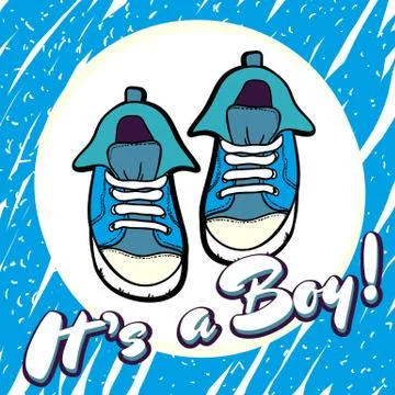 Baby boy shower congratulations vector postcard. Baby announcement in blue. I Stock Illustration