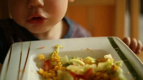 Baby boy using fork while eating salad for the lunch Stock Footage 76183465