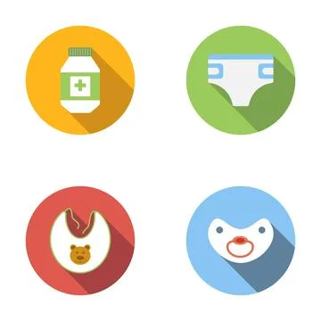 Baby care items flat design long shadow icons Stock Illustration