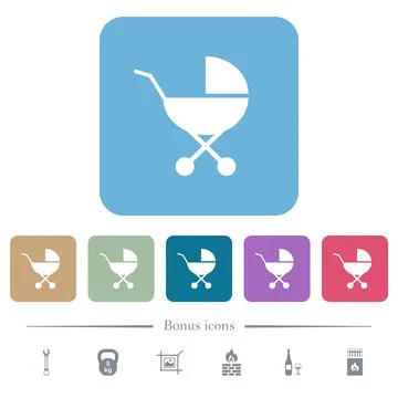 Baby carriage solid flat icons on color rounded square backgrounds Stock Illustration