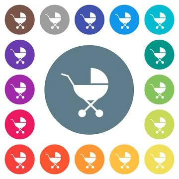 Baby carriage solid flat white icons on round color backgrounds Stock Illustration