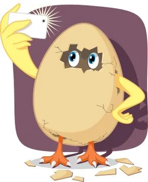 Baby Chick Hatching from Egg Shell Takes Selfie with Smartphone Illustrazione stock