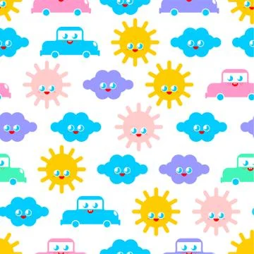 Baby cloth Cute pattern. funny sun and cloud and car cartoon style background Stock Illustration