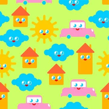 Baby cloth Cute pattern. funny sun and cloud. House and car cartoon style bac Stockillustratie