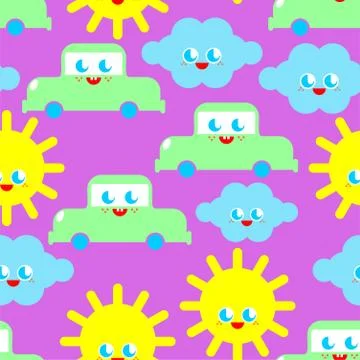 Baby cloth Cute pattern. funny sun and cloud and car cartoon style background Stock Illustration