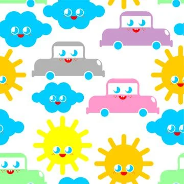 Baby cloth Cute pattern. funny sun and cloud and car cartoon style background Stock Illustration