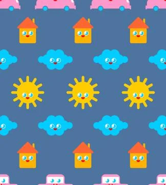 Baby cloth Cute pattern. funny sun and cloud. House and car cartoon style bac Stock Illustration