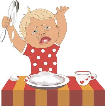 The baby is crying because he does not want to eat porridge. Stock Illustration