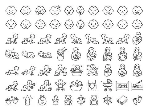 Baby development stages icons set, including crawling, sleeping, bathing, a.. 스톡 일러스트