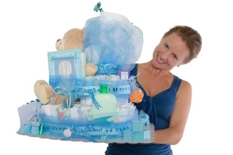 Baby diaper cake with diffrent items presented Stock Photos
