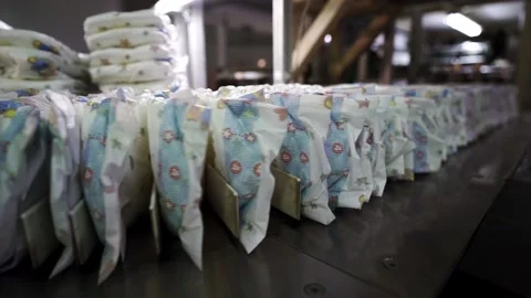 Baby diapers, factory production, conveyor Stock Footage
