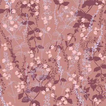 Baby doll seamless pattern with small simple flowers and herbs. Stock Illustration