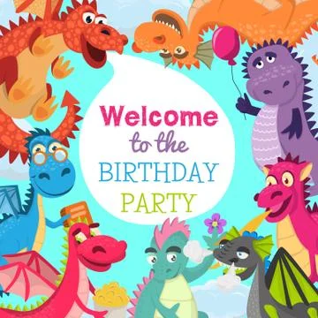 Baby dragons pattern vector illustration for invitation cards. Cartoon funny Stock Illustration