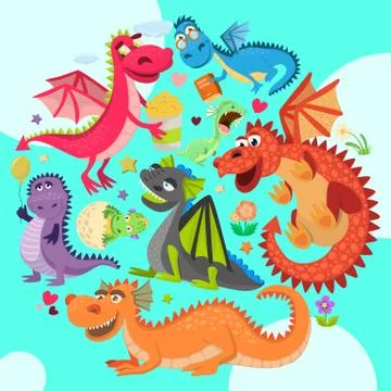 Baby dragons round pattern vector illustration. Cartoon funny dragons with wings Illustrazione stock