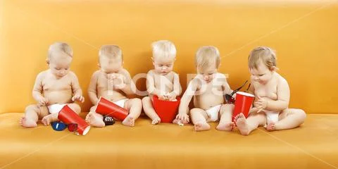 Baby Eating Popcorn, Kids Group Watching Tv, Children One Year Old Stock Photos