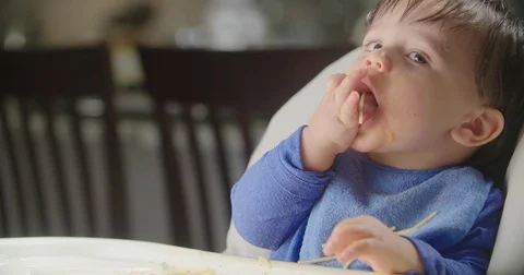 Baby Eats Spaghetti Medium Stock Footage 84767842