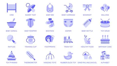 Baby elements web icons set in duotone flat design. Pack pictograms with crib Stock Illustration