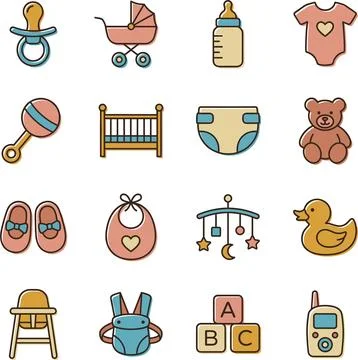 Baby Essentials Collection - Pacifier, Stroller, Bottle, Onesie, Rattle, Cr.. Stock Illustration