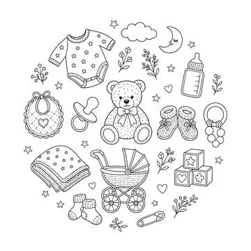 Baby Essentials Hand Embroidery Pattern Nursery Hoop Beginner DIY Gift Newb.. Stock Illustration