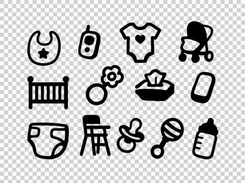 Baby Essentials Icon Pack Flat Monochrome Vector Illustrations of Crib, Pacifier Stock Illustration