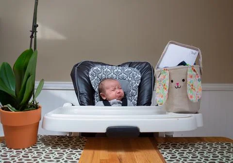 Baby first Easter basket crying in high chair with plant and empty background Stock Photos