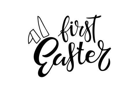 Baby First Easter. Black and white lettering with rabbit ears. Hand drawn Stock Illustration