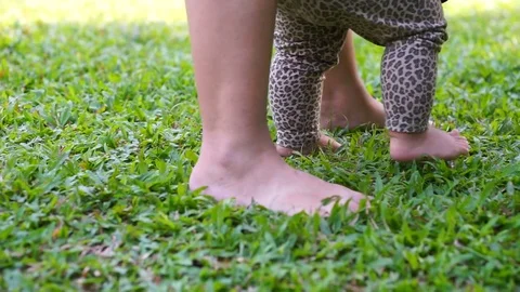 Baby first steps on grass Stock Footage 73488243