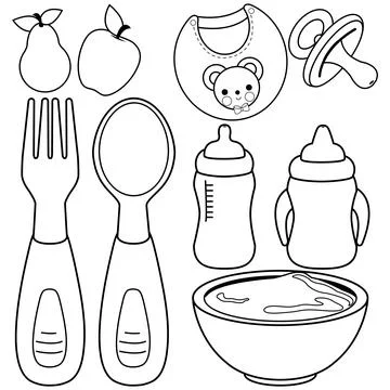 Baby food tableware set. Black and white coloring book page Stock Illustration
