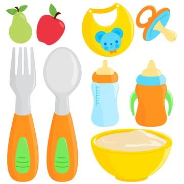 Baby food tableware set. Vector illustration collection Stock Illustration