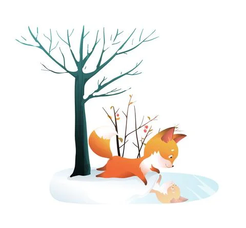 Baby Fox watching reflection in Winter Frozen Lake Stock Illustration