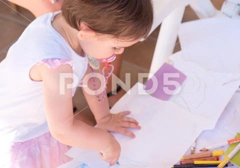 Baby Girl Drawing Pastels Crayon Blank Page
