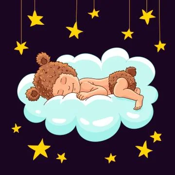Baby in hat bear sleeping on a cloud Illustrazione stock
