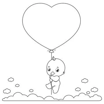 Baby holding a balloon. Vector black and white coloring page Stock Illustration