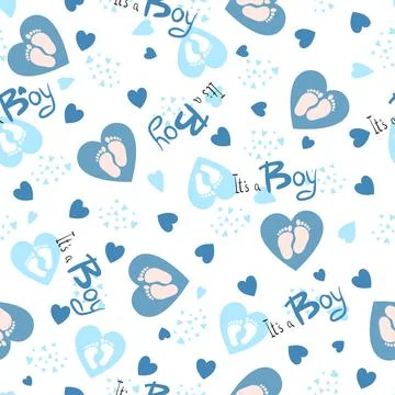 Baby invitation seamless pattern for boy with heart. Text It s a boy. Baby Stock Illustration